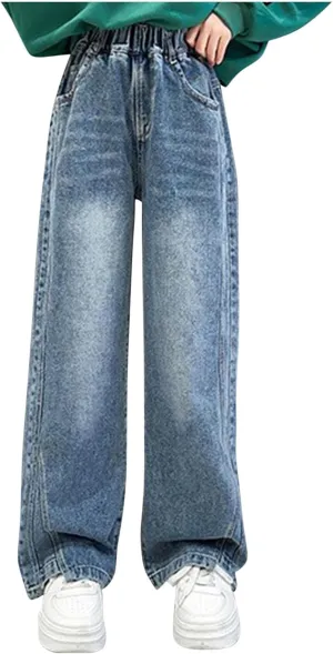 Spring Baggy Jeans for Teen Girls Fashion Elastic High Waisted Denim Pants Y2K Trendy Loose Straight Wide Leg Trouser