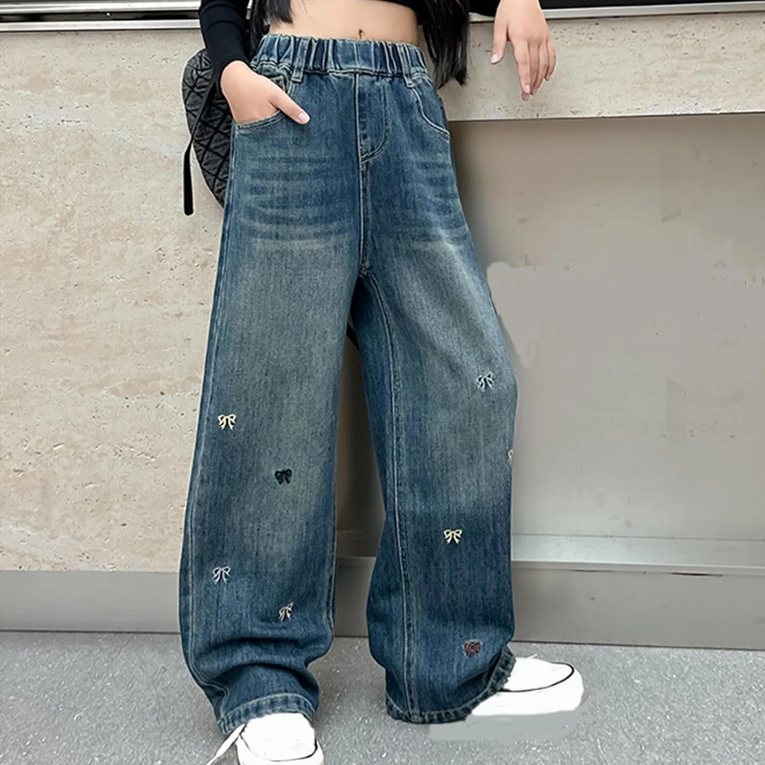 Spring Baggy Jeans for Teen Girls Fashion Elastic High Waisted Denim Pants Y2K Trendy Loose Straight Wide Leg Trouser