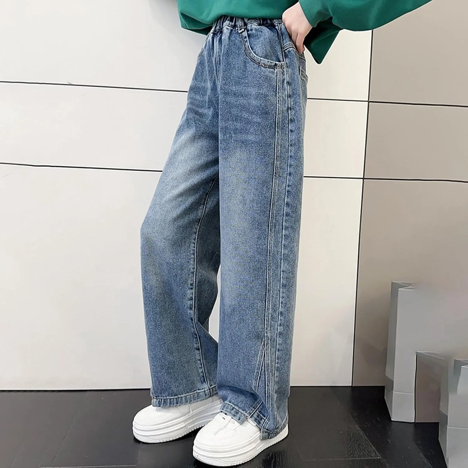Spring Baggy Jeans for Teen Girls Fashion Elastic High Waisted Denim Pants Y2K Trendy Loose Straight Wide Leg Trouser