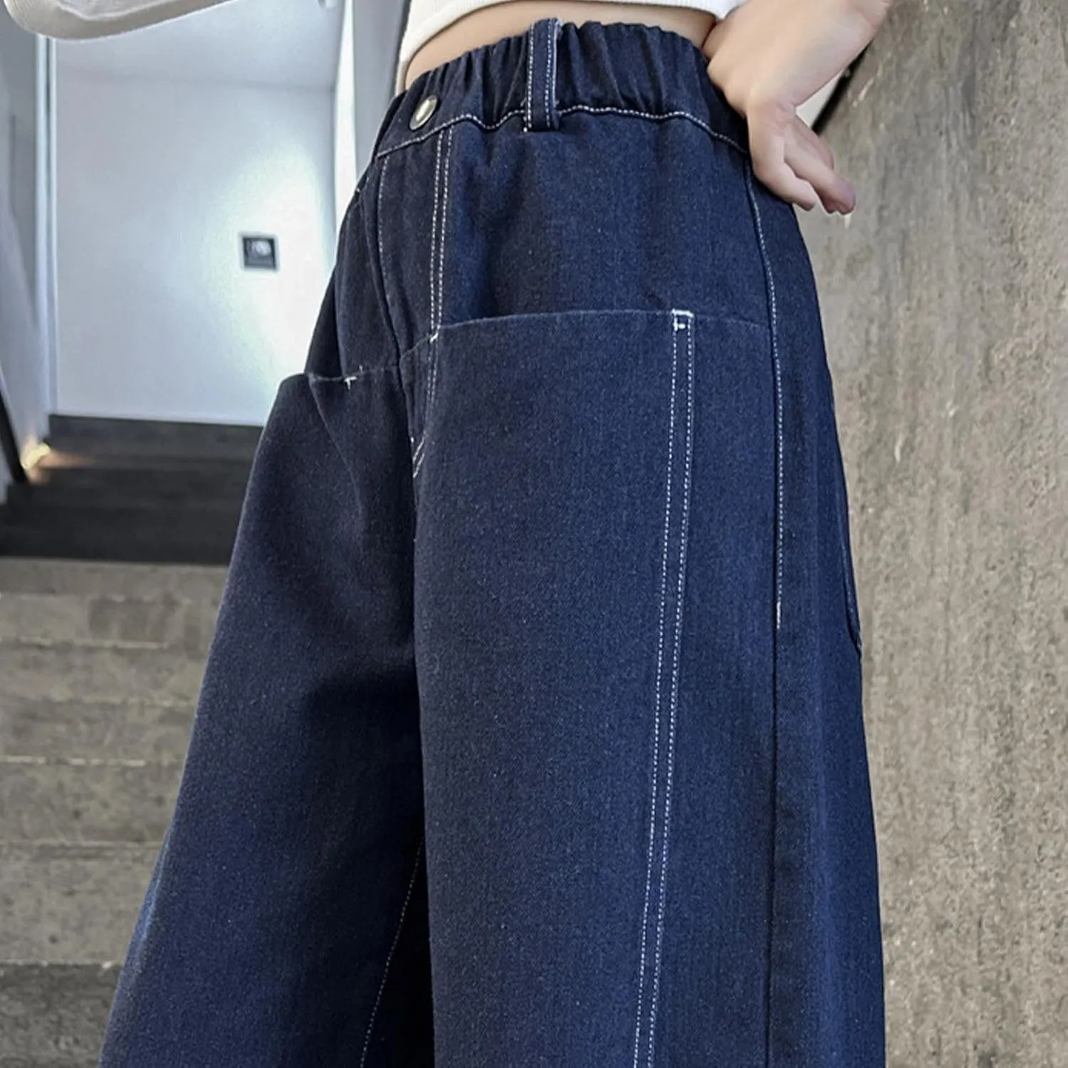 Spring Baggy Jeans for Teen Girls Fashion Elastic High Waisted Denim Pants Y2K Trendy Loose Straight Wide Leg Trouser