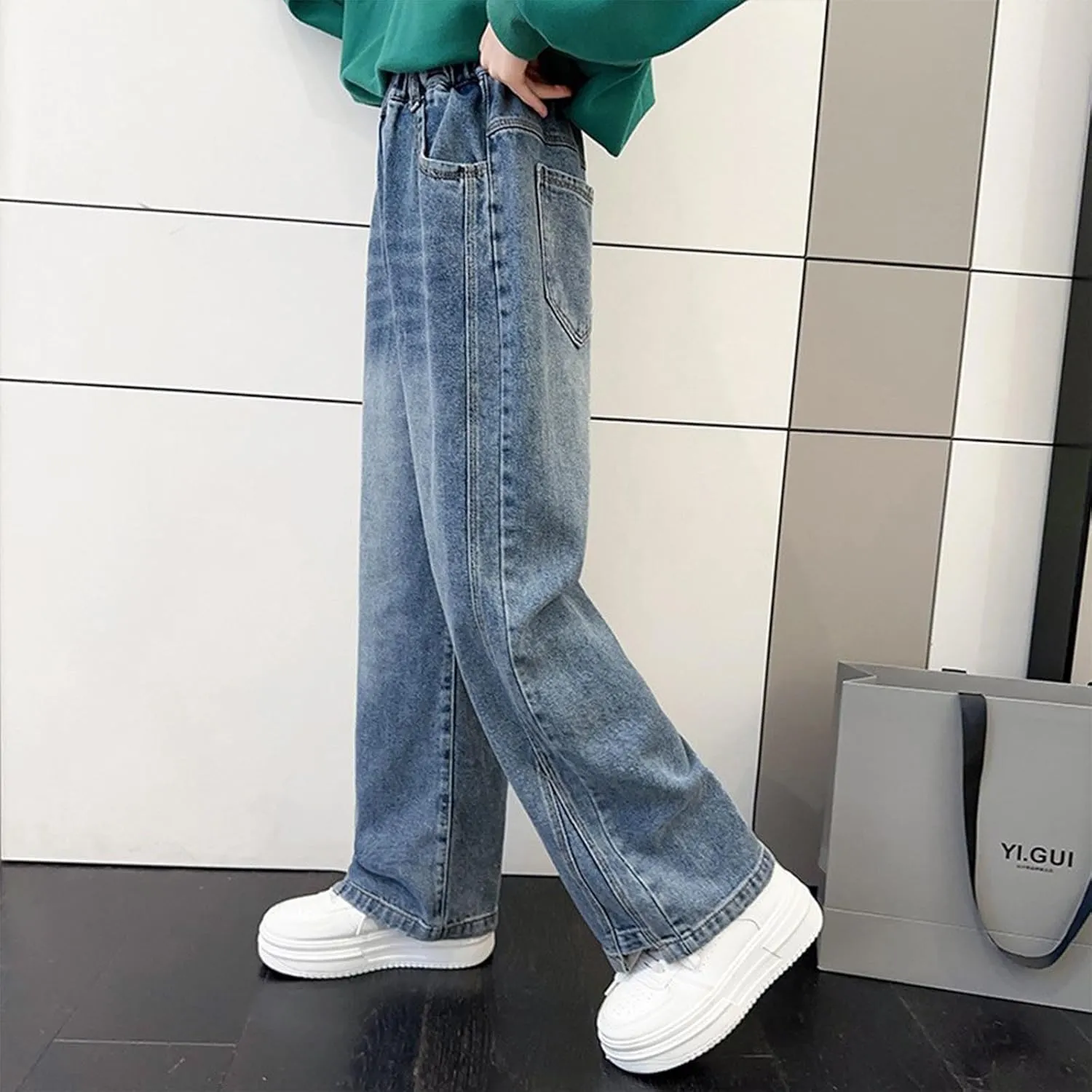 Spring Baggy Jeans for Teen Girls Fashion Elastic High Waisted Denim Pants Y2K Trendy Loose Straight Wide Leg Trouser