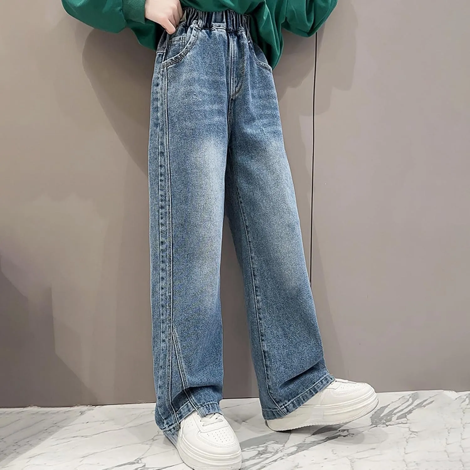 Spring Baggy Jeans for Teen Girls Fashion Elastic High Waisted Denim Pants Y2K Trendy Loose Straight Wide Leg Trouser