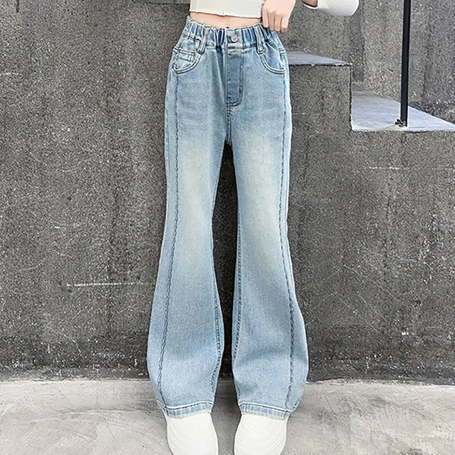 Spring Baggy Jeans for Teen Girls Fashion Elastic High Waisted Denim Pants Y2K Trendy Loose Straight Wide Leg Trouser