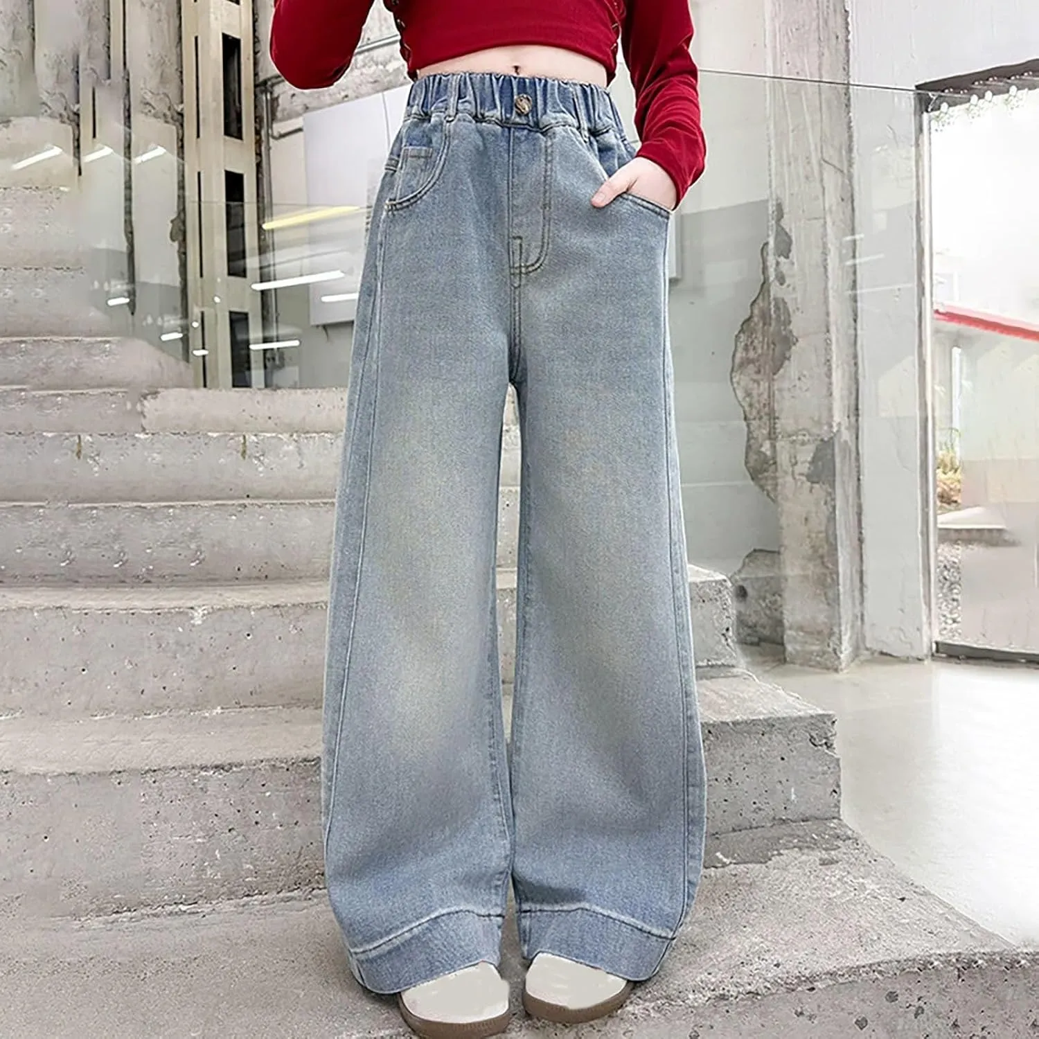 Spring Baggy Jeans for Teen Girls Fashion Elastic High Waisted Denim Pants Y2K Trendy Loose Straight Wide Leg Trouser
