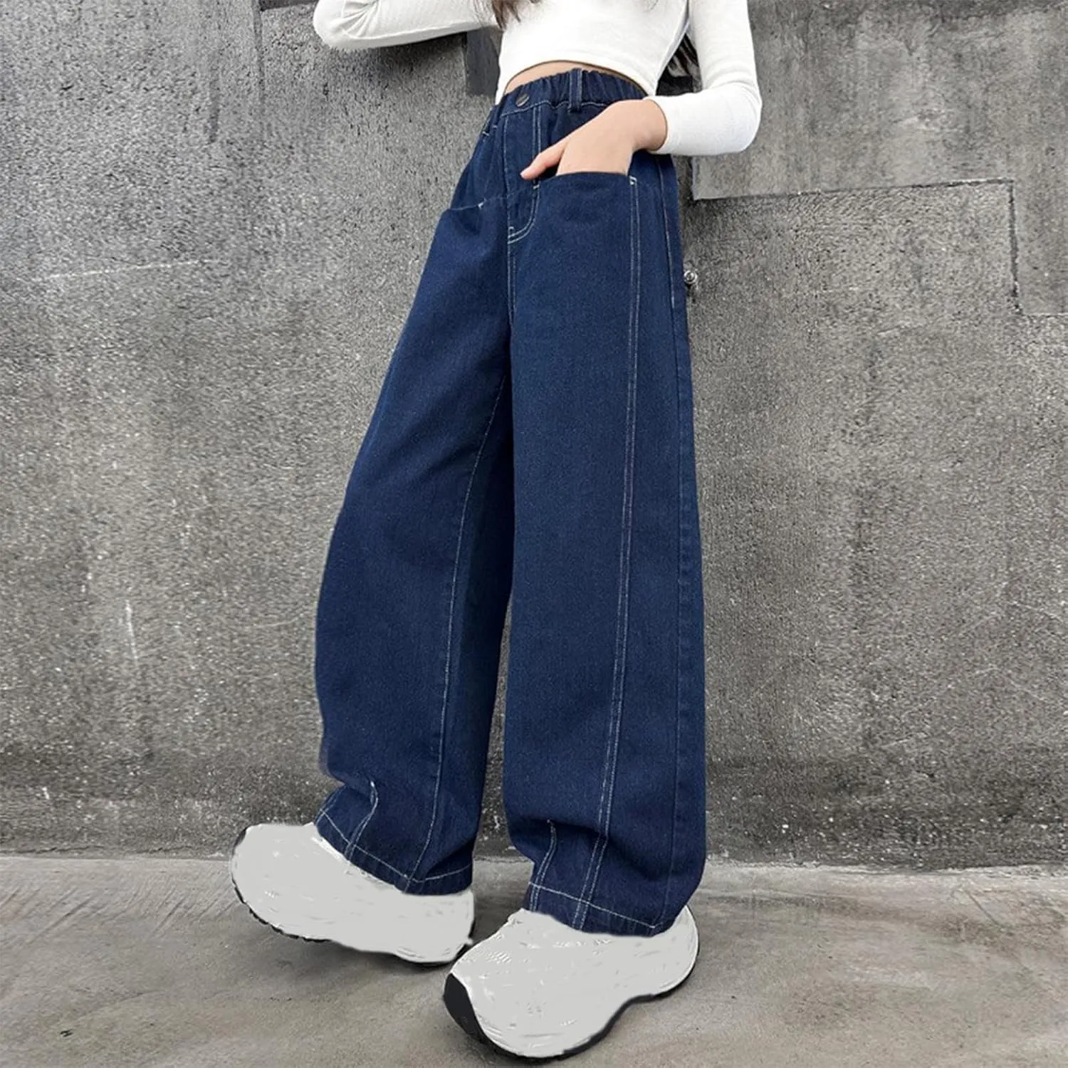 Spring Baggy Jeans for Teen Girls Fashion Elastic High Waisted Denim Pants Y2K Trendy Loose Straight Wide Leg Trouser