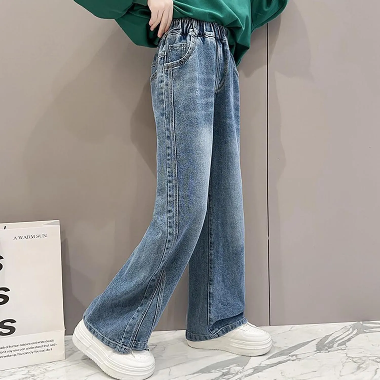 Spring Baggy Jeans for Teen Girls Fashion Elastic High Waisted Denim Pants Y2K Trendy Loose Straight Wide Leg Trouser