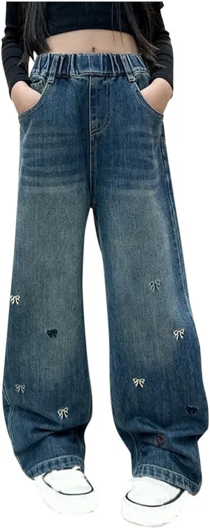 Spring Baggy Jeans for Teen Girls Fashion Elastic High Waisted Denim Pants Y2K Trendy Loose Straight Wide Leg Trouser