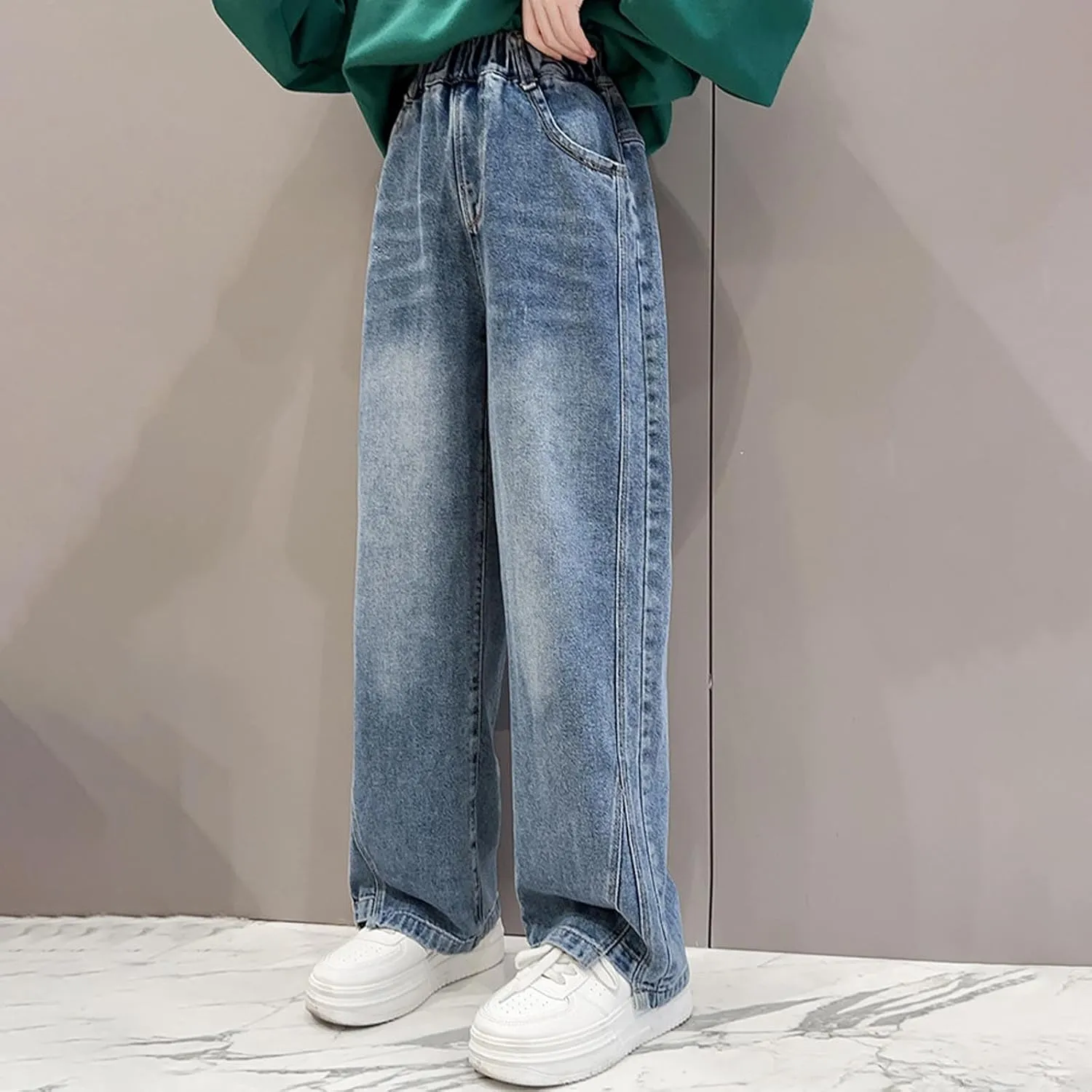 Spring Baggy Jeans for Teen Girls Fashion Elastic High Waisted Denim Pants Y2K Trendy Loose Straight Wide Leg Trouser