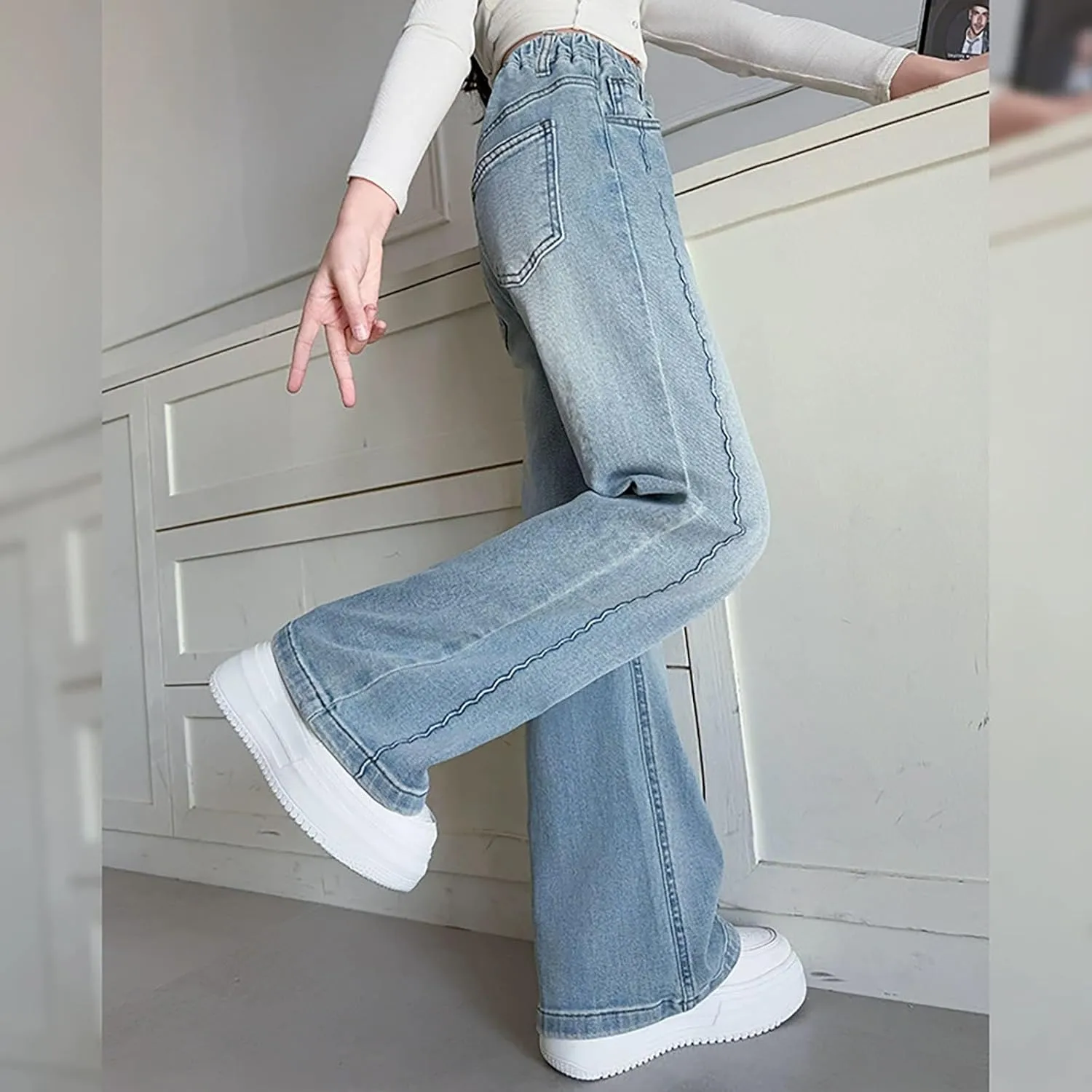 Spring Baggy Jeans for Teen Girls Fashion Elastic High Waisted Denim Pants Y2K Trendy Loose Straight Wide Leg Trouser