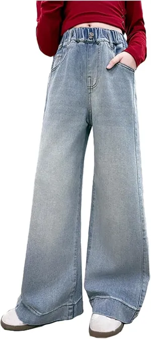 Spring Baggy Jeans for Teen Girls Fashion Elastic High Waisted Denim Pants Y2K Trendy Loose Straight Wide Leg Trouser