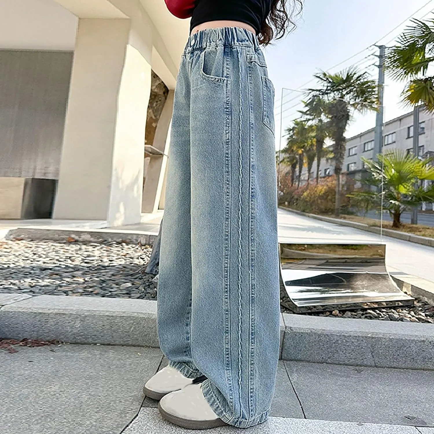 Spring Baggy Jeans for Teen Girls Fashion Elastic High Waisted Denim Pants Y2K Trendy Loose Straight Wide Leg Trouser