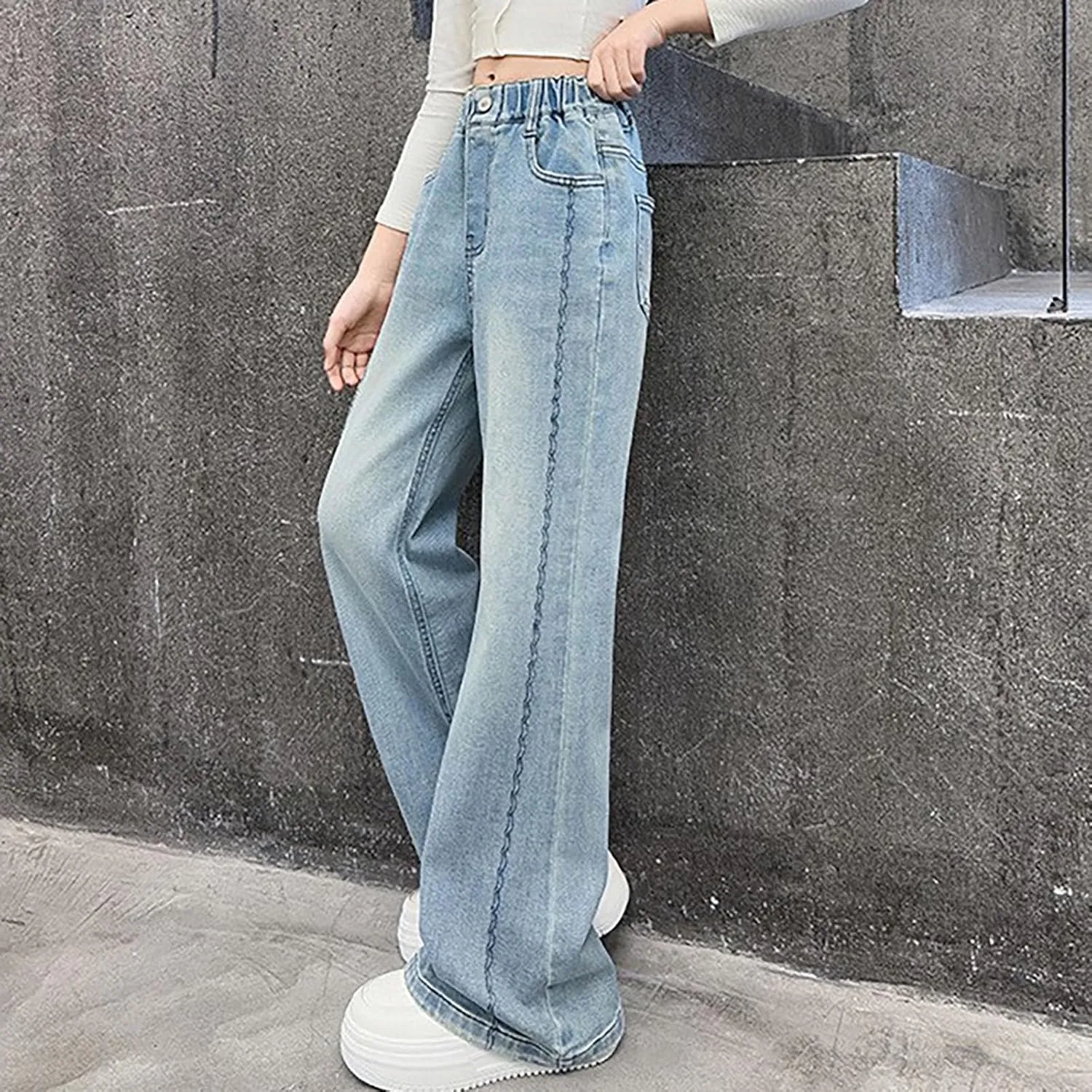 Spring Baggy Jeans for Teen Girls Fashion Elastic High Waisted Denim Pants Y2K Trendy Loose Straight Wide Leg Trouser