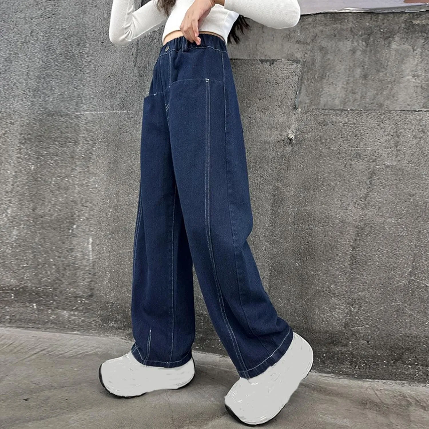 Spring Baggy Jeans for Teen Girls Fashion Elastic High Waisted Denim Pants Y2K Trendy Loose Straight Wide Leg Trouser