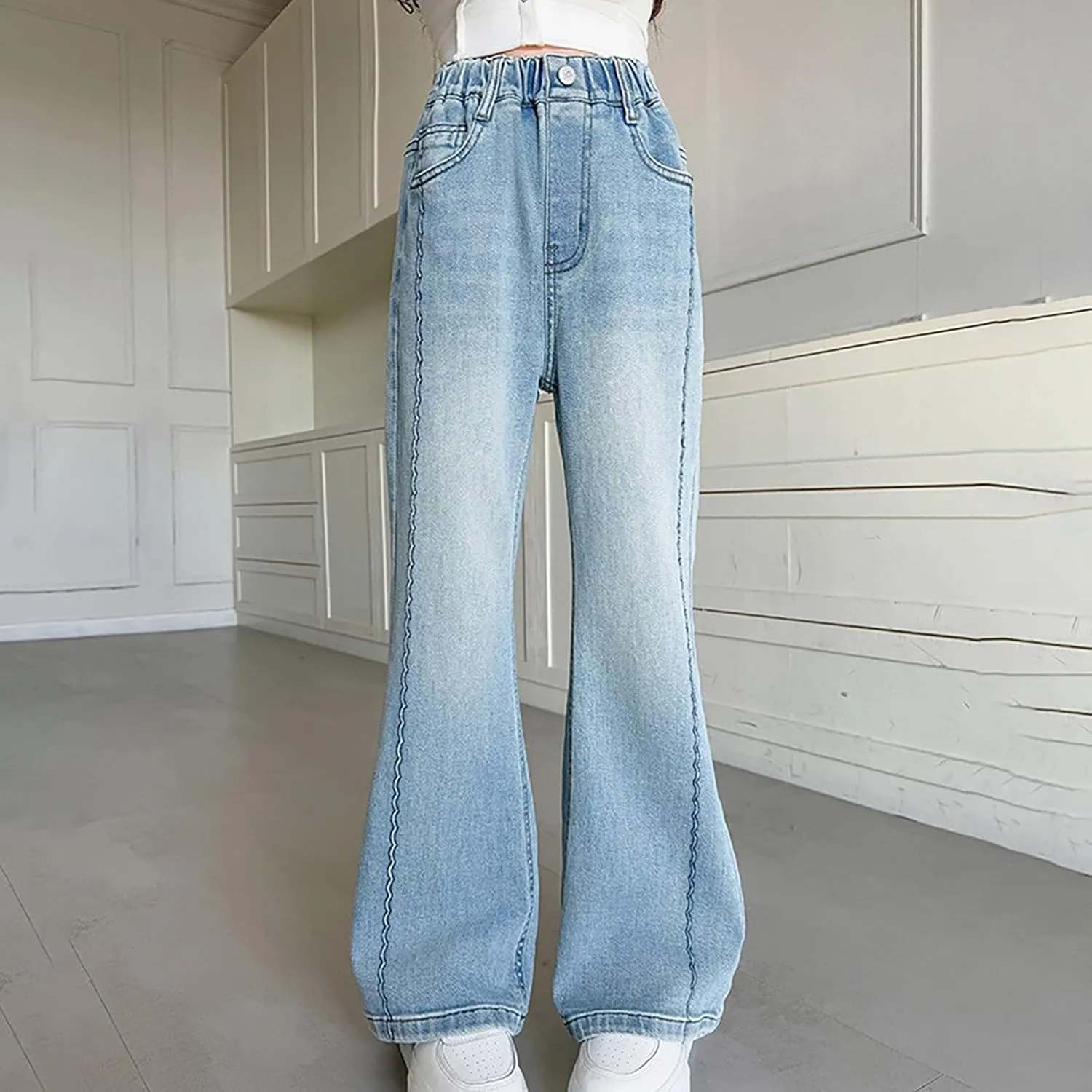 Spring Baggy Jeans for Teen Girls Fashion Elastic High Waisted Denim Pants Y2K Trendy Loose Straight Wide Leg Trouser