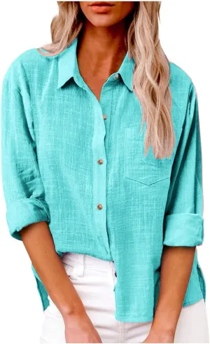 Spring Tops for Women 2025 Summer Cotton Linen Shirts Long Sleeve Button Down Dressy Casual Tees Gauze Blouses Tees