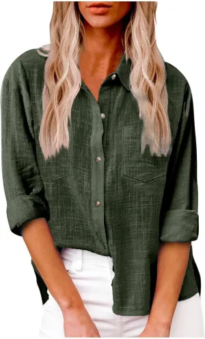 Spring Tops for Women 2025 Summer Cotton Linen Shirts Long Sleeve Button Down Dressy Casual Tees Gauze Blouses Tees