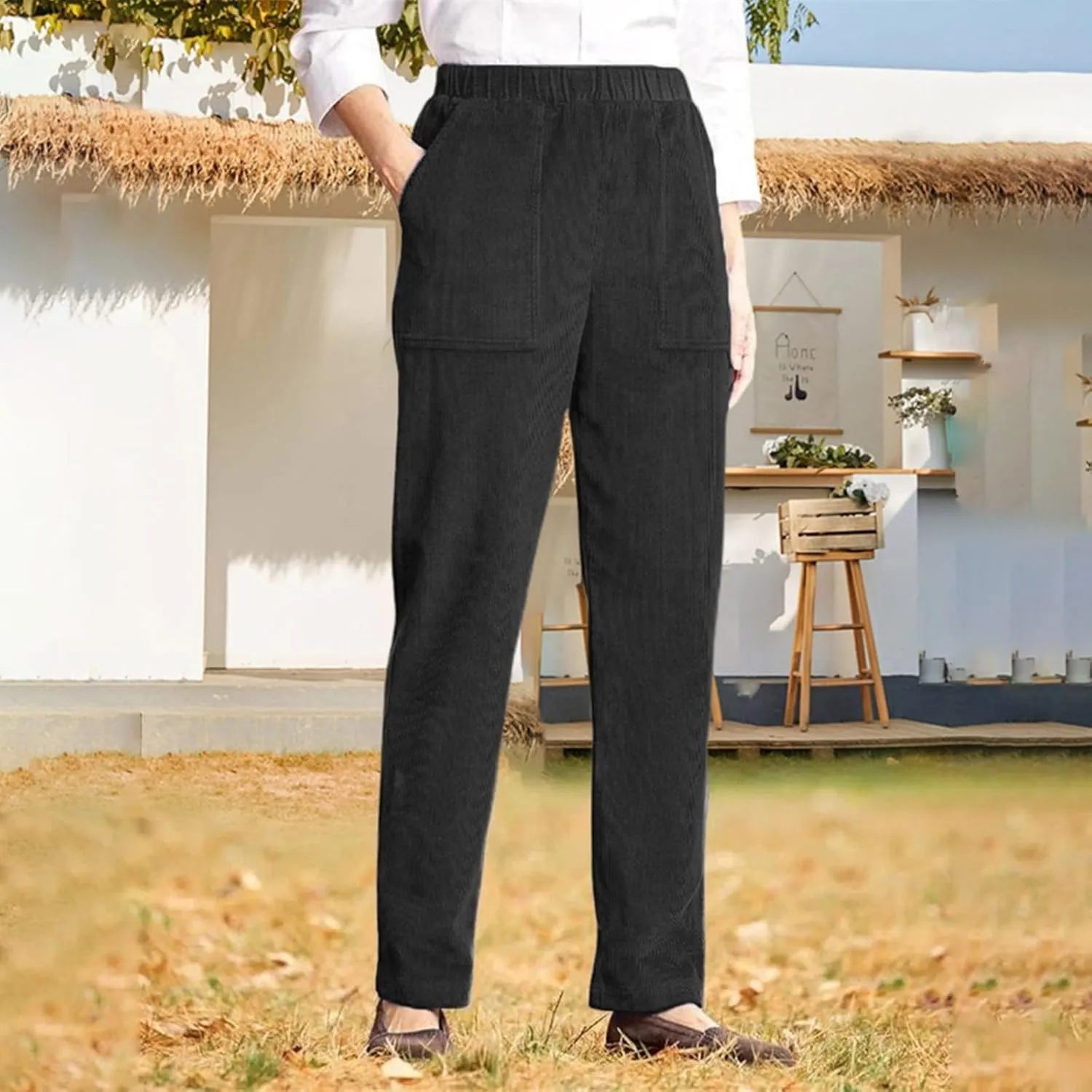 Straight Wide Leg Corduroy Pants Women Business Casual High Waisted Pull On Work Pants Comfy Soft Elastic Waist Pants