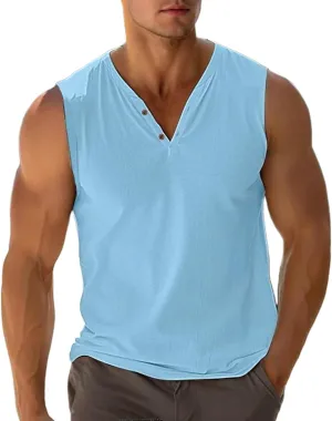 Summer Beach Tank Tops for Men V Neck Sleeveless Muscle Undershirts Solid Color Casual Tees Regular Fit Active Shirts
