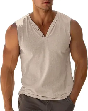Summer Beach Tank Tops for Men V Neck Sleeveless Muscle Undershirts Solid Color Casual Tees Regular Fit Active Shirts