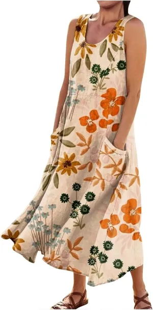 Summer Dresses 2024 Sleeveless Maxi Dress Round Neck Flowy Dress with Two Large Pockets Casual Sundresses for Women