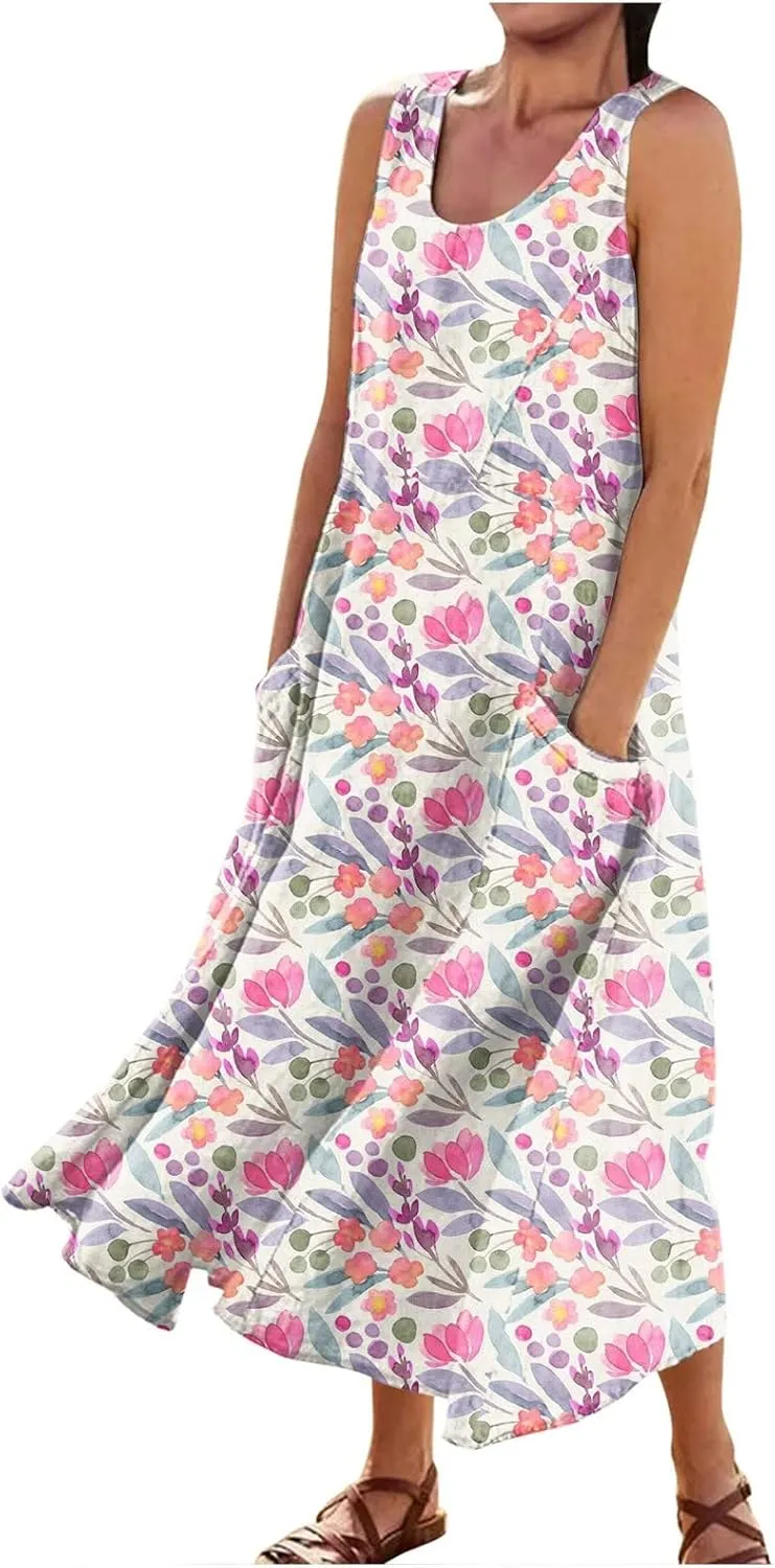 Summer Dresses 2024 Sleeveless Maxi Dress Round Neck Flowy Dress with Two Large Pockets Casual Sundresses for Women