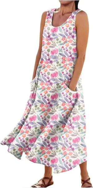 Summer Dresses 2024 Sleeveless Maxi Dress Round Neck Flowy Dress with Two Large Pockets Casual Sundresses for Women