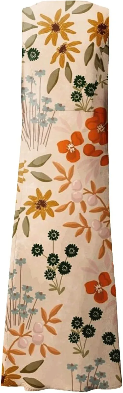 Summer Dresses 2024 Sleeveless Maxi Dress Round Neck Flowy Dress with Two Large Pockets Casual Sundresses for Women