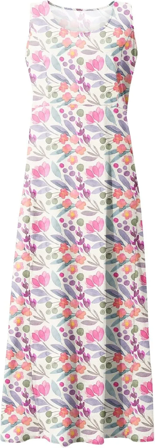 Summer Dresses 2024 Sleeveless Maxi Dress Round Neck Flowy Dress with Two Large Pockets Casual Sundresses for Women