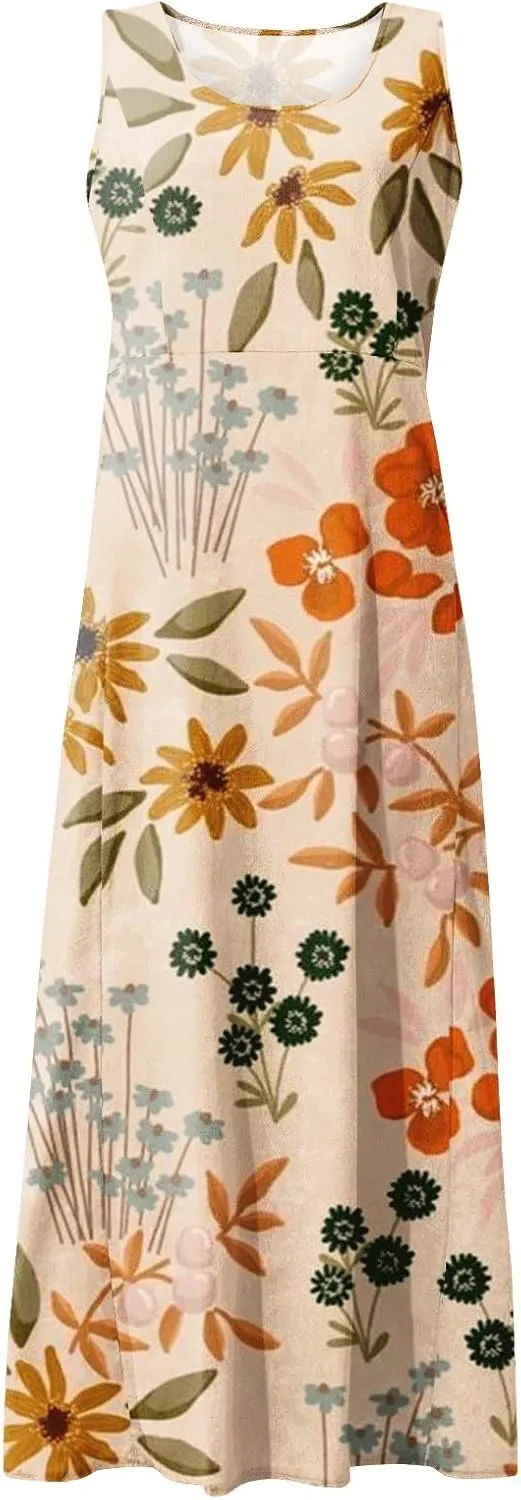 Summer Dresses 2024 Sleeveless Maxi Dress Round Neck Flowy Dress with Two Large Pockets Casual Sundresses for Women