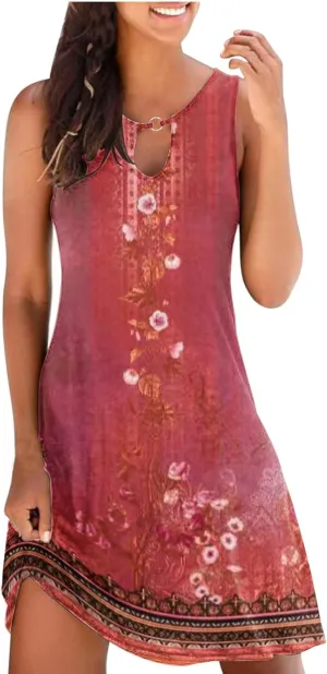 Summer Dresses for Women 2024 Casual Floral Printed Beach Dresses Loose Flow Midi Dress Sleeveless Tank Sun Dress