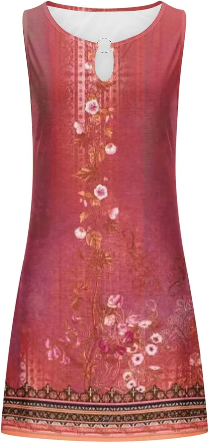 Summer Dresses for Women 2024 Casual Floral Printed Beach Dresses Loose Flow Midi Dress Sleeveless Tank Sun Dress