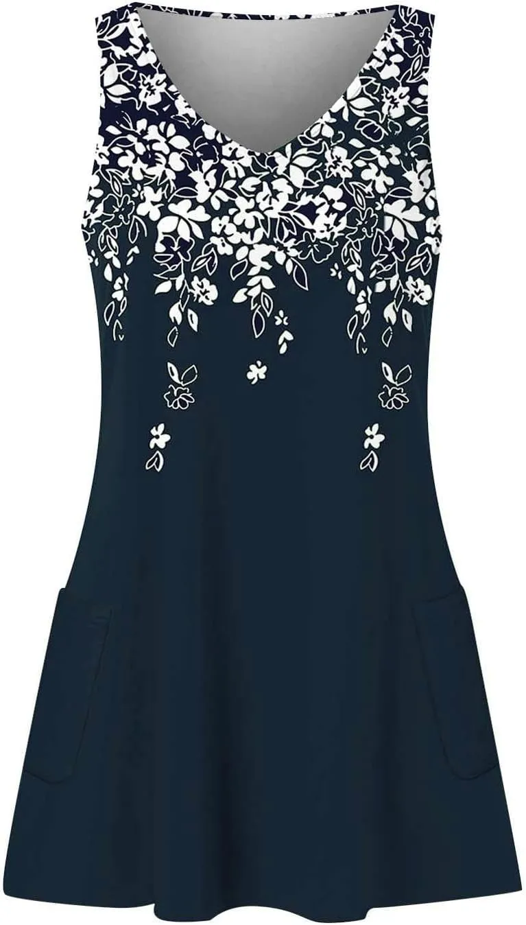 Summer Dresses for Women 2024 Women's Casual Sundress with Pockets Boho Beach Dress Floral V Neck Loose Tank Dresses