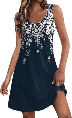 Summer Dresses for Women 2024 Women's Casual Sundress with Pockets Boho Beach Dress Floral V Neck Loose Tank Dresses