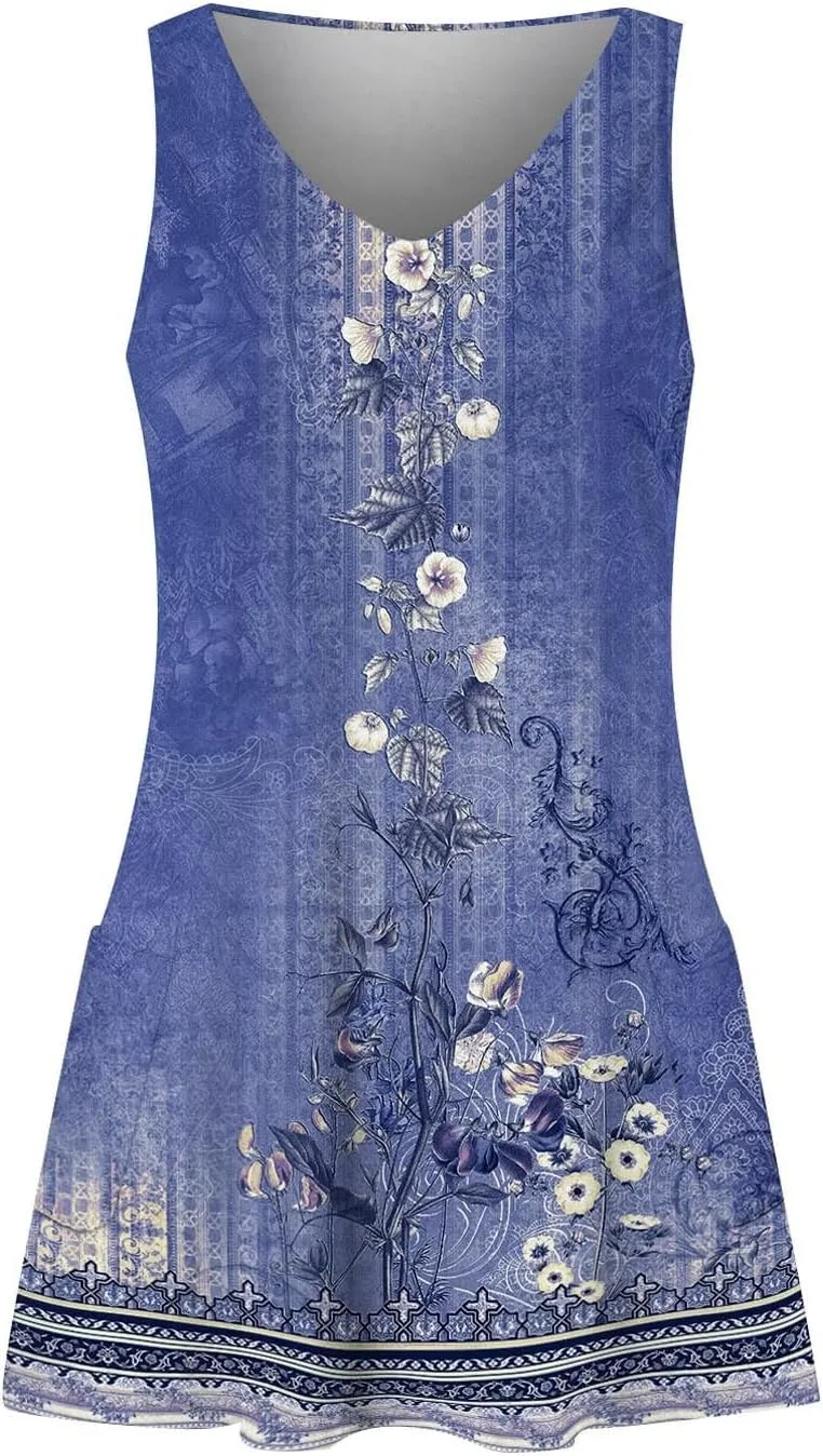 Summer Dresses for Women 2024 Women's Casual Sundress with Pockets Boho Beach Dress Floral V Neck Loose Tank Dresses