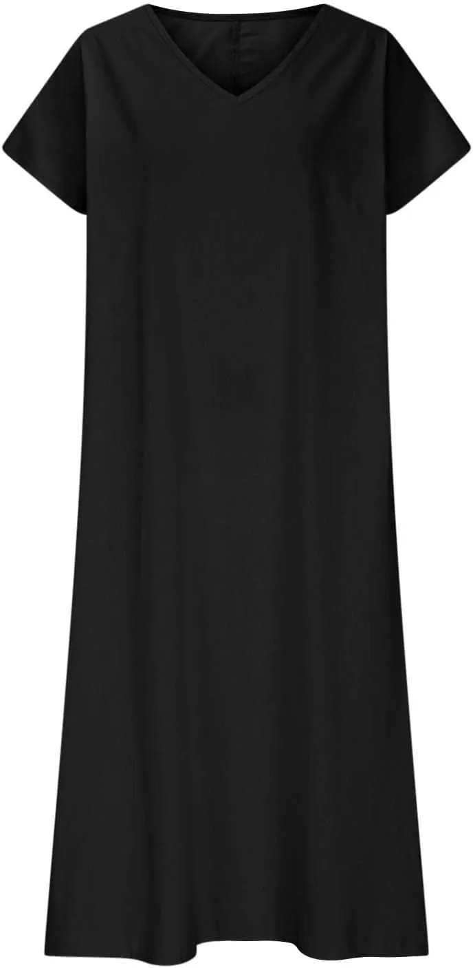 Summer Dresses for Women 2025 Vacation Boho Linen Flowy Dress Casual Short Sleeve v Neck T Shirt Maxi Beach Sundress