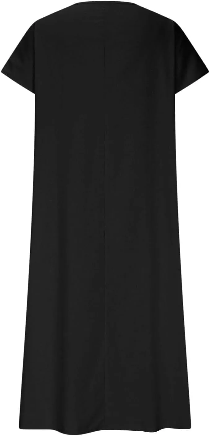 Summer Dresses for Women 2025 Vacation Boho Linen Flowy Dress Casual Short Sleeve v Neck T Shirt Maxi Beach Sundress