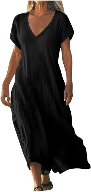 Summer Dresses for Women 2025 Vacation Boho Linen Flowy Dress Casual Short Sleeve v Neck T Shirt Maxi Beach Sundress