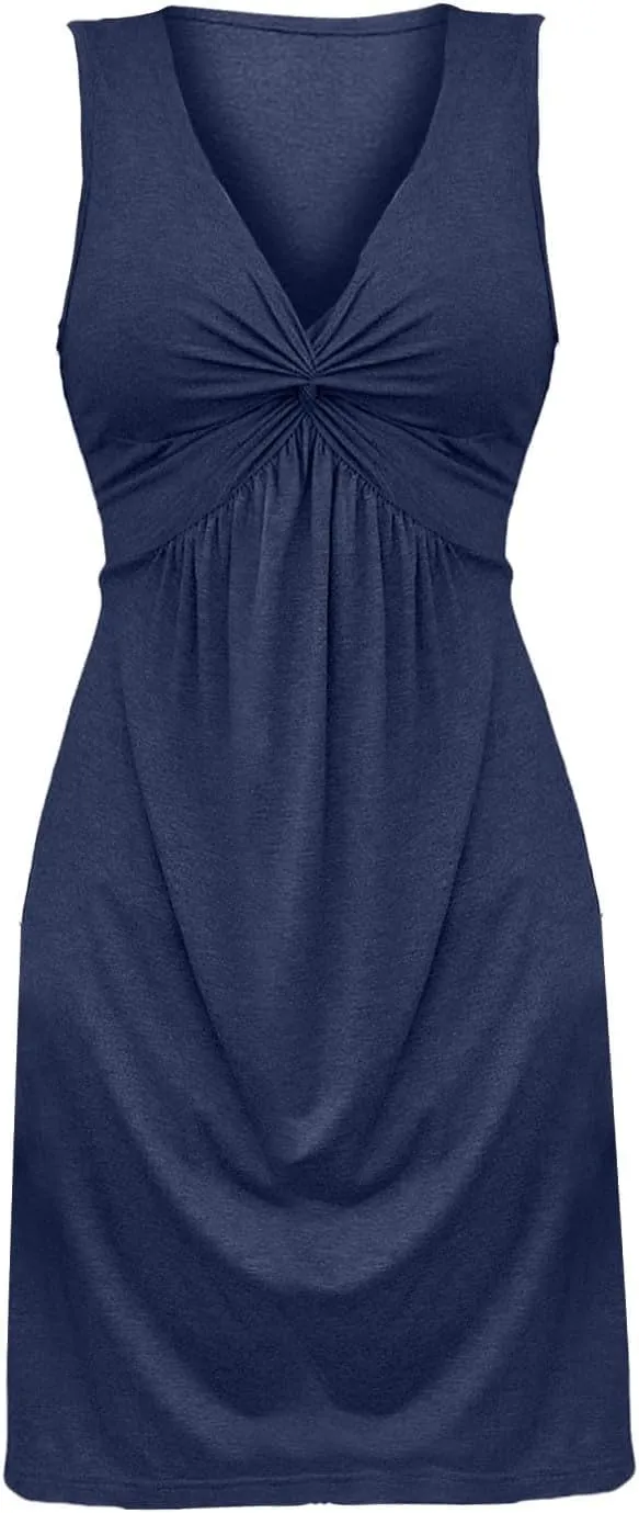 Summer Dresses for Women A-Line V Neck Sleeveless Dress Knotted Front Sundress Beach Vacation Outfits Sexy Sundress