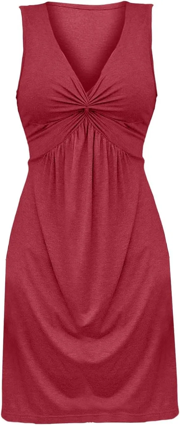 Summer Dresses for Women A-Line V Neck Sleeveless Dress Knotted Front Sundress Beach Vacation Outfits Sexy Sundress