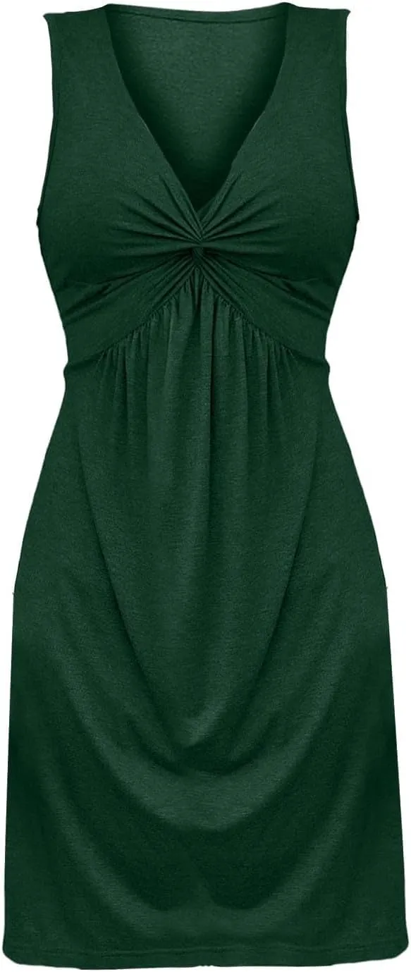 Summer Dresses for Women A-Line V Neck Sleeveless Dress Knotted Front Sundress Beach Vacation Outfits Sexy Sundress