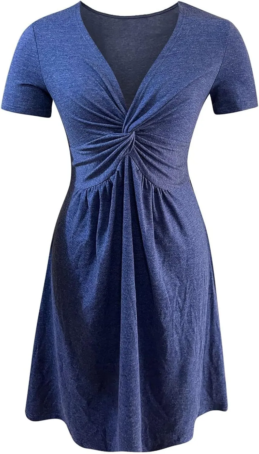 Summer Dresses for Women A-Line V Neck Sleeveless Dress Knotted Front Sundress Beach Vacation Outfits Sexy Sundress