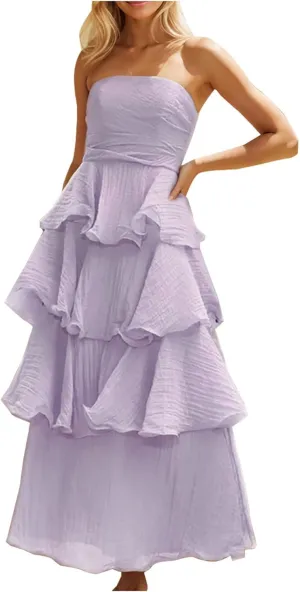 Summer Maxi Dresses for Women 2025 Strapless Tube Top Layered Flowy Beach Vacation Dress Wedding Guest Dress