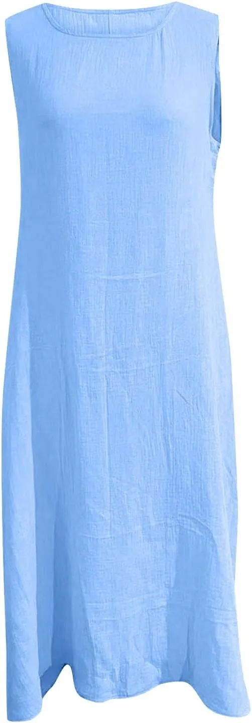 Summer Plus Size Cotton Linen Tank Dress 2025 Women Boho Casual Beach Dresses Crew Neck Sleeveless Midi Sundress