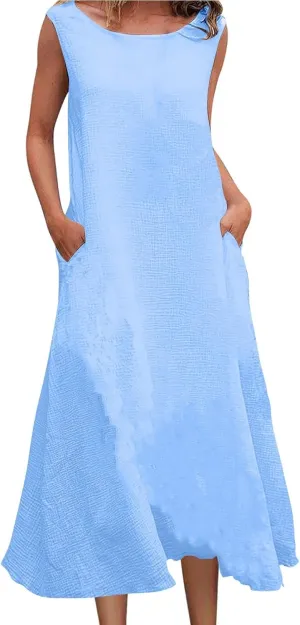 Summer Plus Size Cotton Linen Tank Dress 2025 Women Boho Casual Beach Dresses Crew Neck Sleeveless Midi Sundress