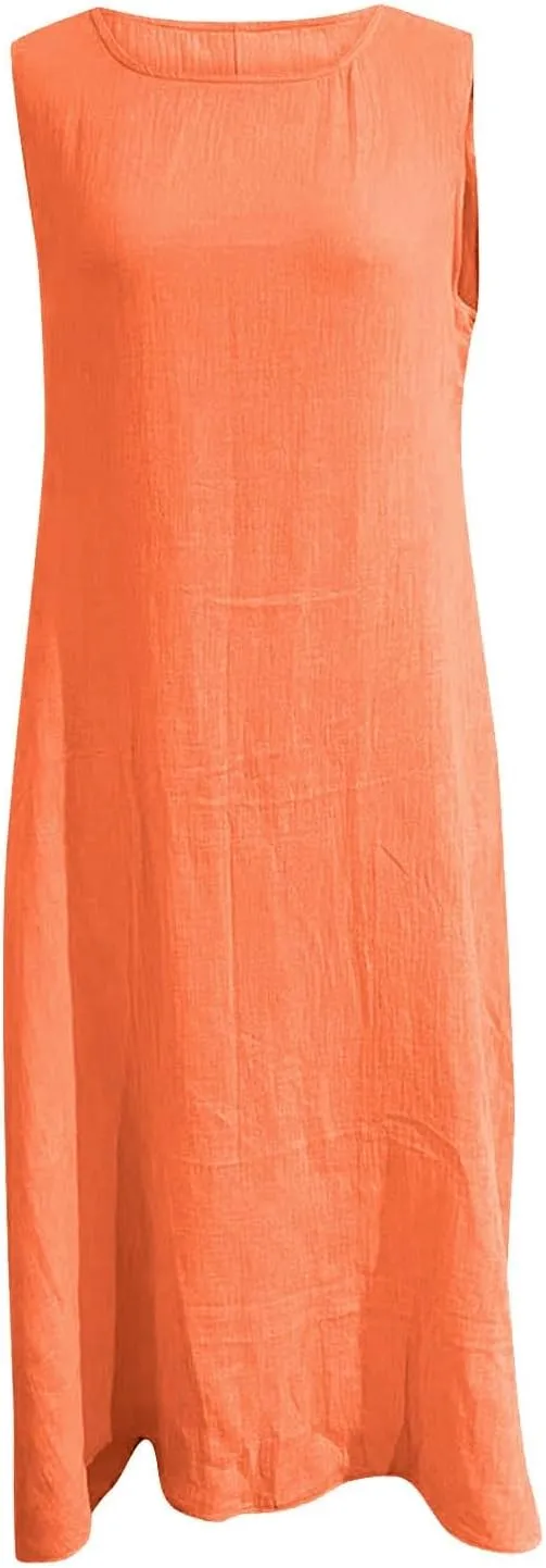 Summer Plus Size Cotton Linen Tank Dress 2025 Women Boho Casual Beach Dresses Crew Neck Sleeveless Midi Sundress