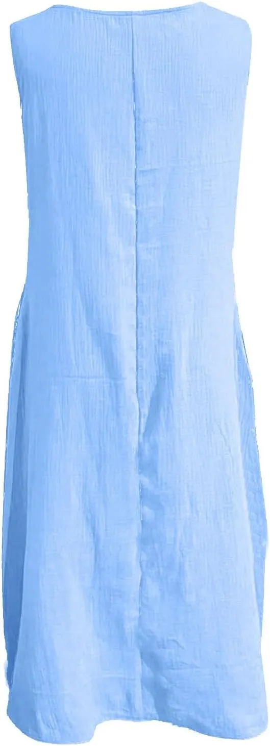 Summer Plus Size Cotton Linen Tank Dress 2025 Women Boho Casual Beach Dresses Crew Neck Sleeveless Midi Sundress