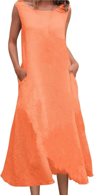 Summer Plus Size Cotton Linen Tank Dress 2025 Women Boho Casual Beach Dresses Crew Neck Sleeveless Midi Sundress