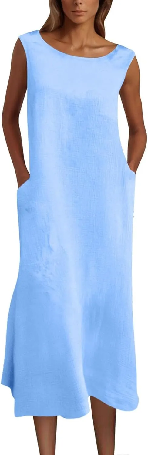 Summer Plus Size Cotton Linen Tank Dress 2025 Women Boho Casual Beach Dresses Crew Neck Sleeveless Midi Sundress