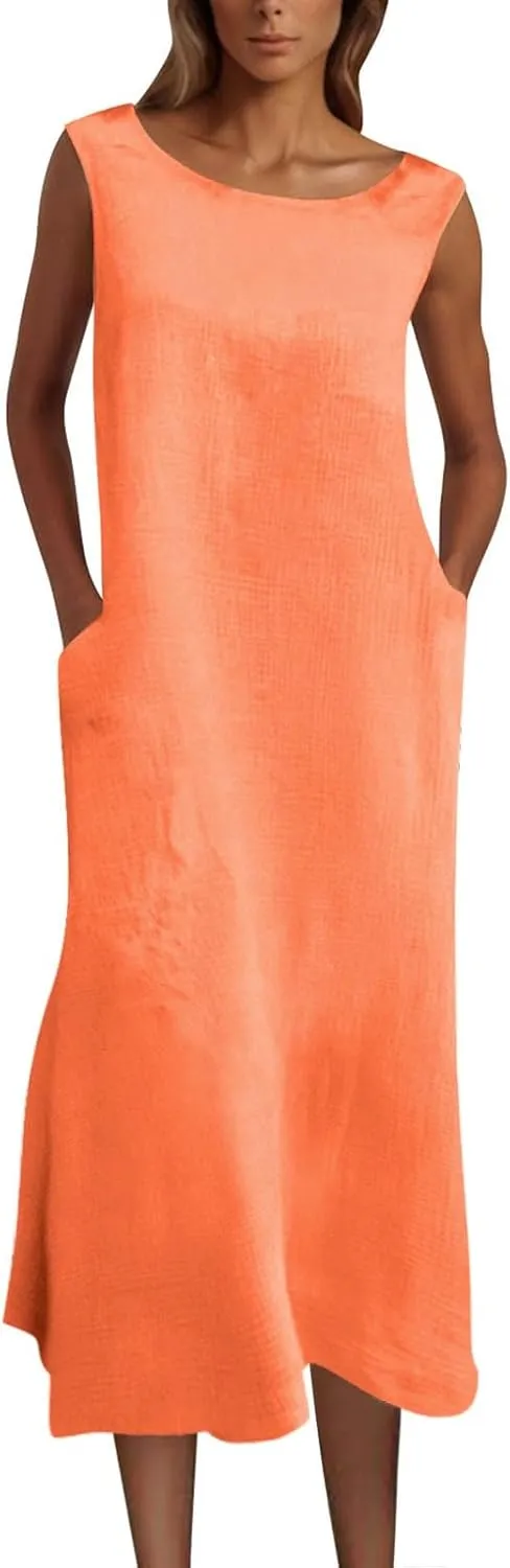 Summer Plus Size Cotton Linen Tank Dress 2025 Women Boho Casual Beach Dresses Crew Neck Sleeveless Midi Sundress