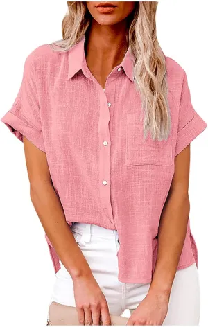 Summer Tops for Women 2023 Trendy Cotton Linen Button Down Blouses Casual Loose Short Sleeve Semi Formal Work Shirts